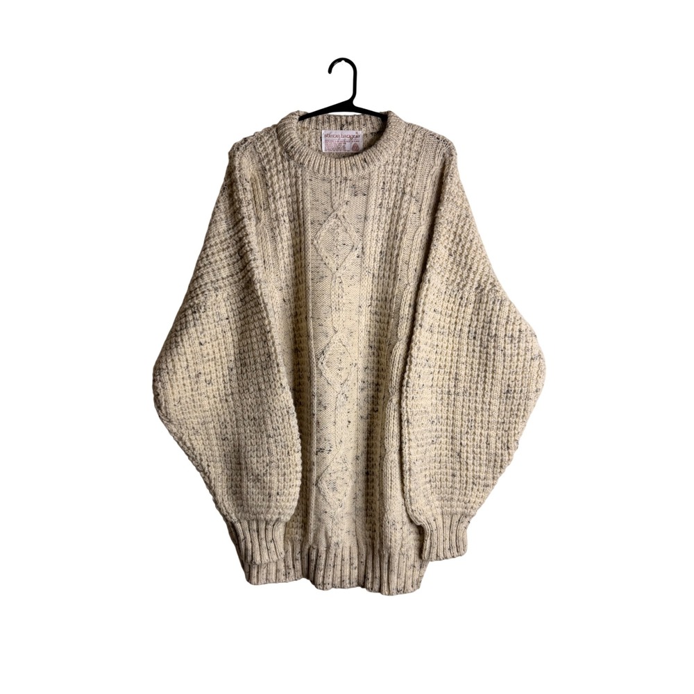 Slieve League Irish Wool Fisherman Sweater XL Cream Cable Vintage Fall Winter